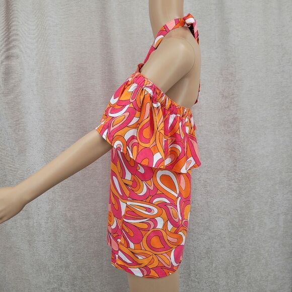 Michael Kors Flounce Halter Vibrant Pink and Orange Off Shoulder Top - Picture 3 of 8